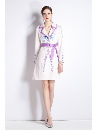 Fashion printed suit collar jacket female spring and autumn temperament waist thinly buckle medium long trench coat new 