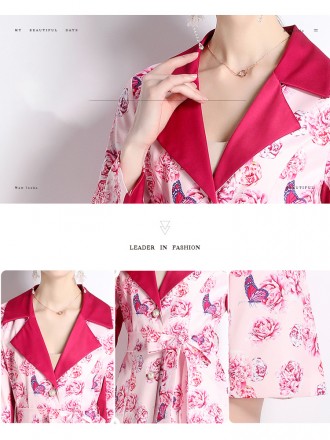 Fashion printed suit collar jacket female spring and autumn temperament waist thinly buckle medium long trench coat new 