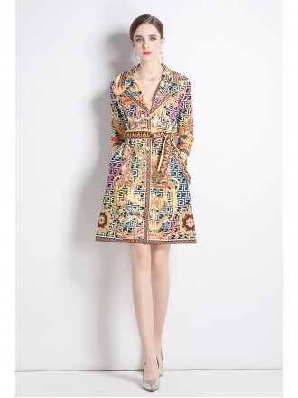 Fashion printed suit collar jacket female spring and autumn temperament waist thinly buckle medium long trench coat new 