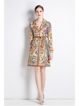 Fashion printed suit collar jacket female spring and autumn temperament waist thinly buckle medium long trench coat new 
