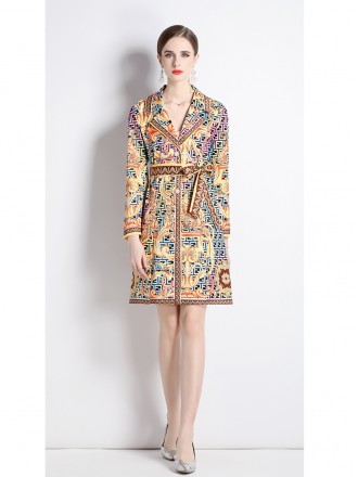 Fashion printed suit collar jacket female spring and autumn temperament waist thinly buckle medium long trench coat new 