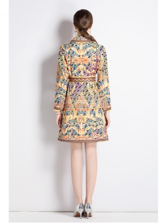 Fashion printed suit collar jacket female spring and autumn temperament waist thinly buckle medium long trench coat new 