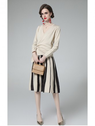 French V -neck top+color matching big skirt women autumn and winter new high -end sense temperament is thin and gentle s