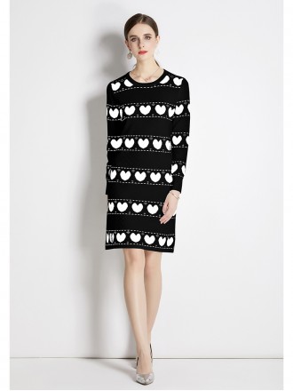 Retro contrasting love round collar Xianxian thin knitted dress women's autumn new middle skirt