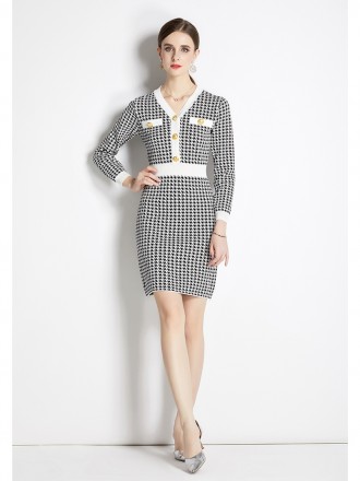 High -end knitted dress autumn and winter new ladies are thin and thin French -style thousand birds small incense skirts