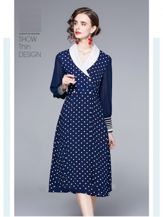 Autumn new high -end ladies, waist -loading wave dot, thin, thin, long A -line skirt splicing chiffon long sleeves