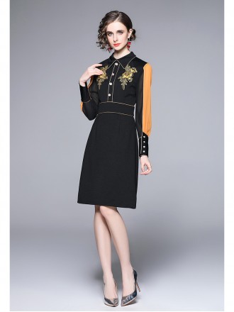 Shirts and dress women's long -sleeved new fashion temperament slim embroidered foreign long skirt