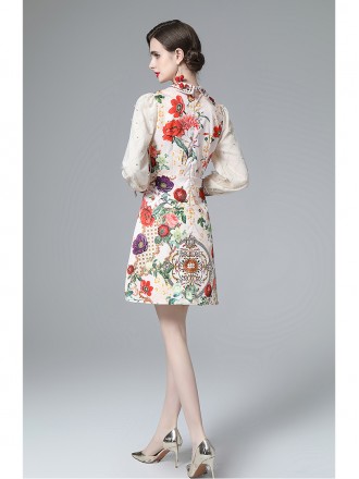 Spring new fashion, elegant temperament, gauze golden thread beaded long -sleeved retro print doll neck dress