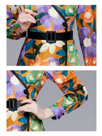 New Floral Polo Collar Long Sleeve Double breasted Lace up Waist Colored Painted Print Windbreaker Style Mid length Dres