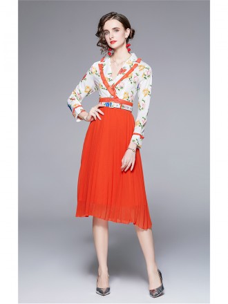 Autumn New Women's Dress Temperament Printed Suit Collar Pleated Skirt Mid length Skirt