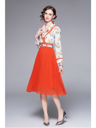 Autumn New Women's Dress Temperament Printed Suit Collar Pleated Skirt Mid length Skirt