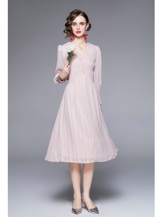 Gentle Autumn New Style Style V-neck Comfortable Jacquard Fabric Slim Lace High Waist Fairy Mid length Dress