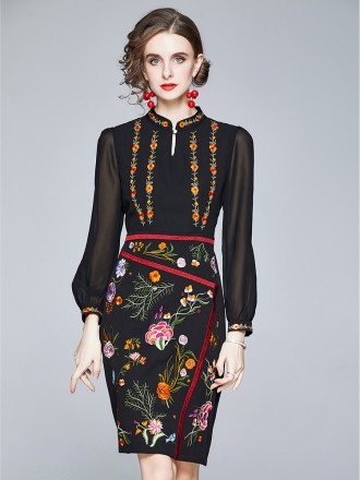 High -end black heavy craft embroidered dress dignified retro retro hip long sleeve long skirt