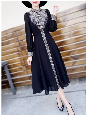 Autumn new temperament ladies long -sleeved stand -up collar heavy workers embroidery, thin simulation silk shirt dress 