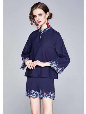 Girlfriends Set New Women's Embroidered Embroidered Fluton Sleeve+High -leg Embroidery Short Skin Two Sets