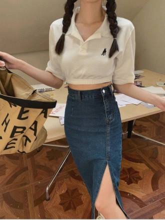 Denim half -body skirt female high waist, thin split, mid -long long blue slim bag hip skirt summer new