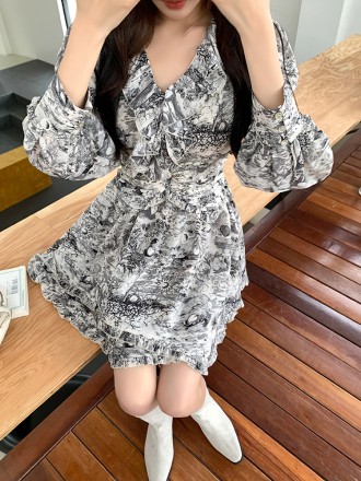 Spring and summer new ink painting floral flower -style waist seal waist dress female short skirt