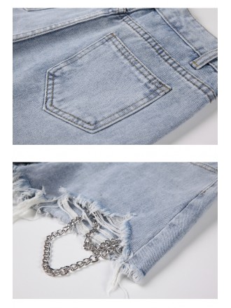 Polarized Maobian denim shorts female high -waist chain hot pants hot pants new misplaced design A -line pants