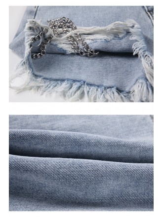 Polarized Maobian denim shorts female high -waist chain hot pants hot pants new misplaced design A -line pants