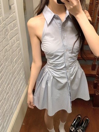 春夏新款清纯设计收腰衬衫裙女翻领褶皱连衣裙