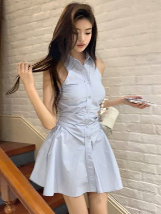 春夏新款清纯设计收腰衬衫裙女翻领褶皱连衣裙