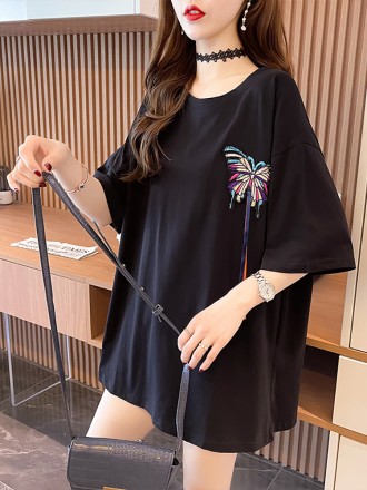 Butterfly Embroidery Personalized Short Sleeve T-shirt Women's Summer Versatile Design Feeling Small and Loose, Be Caref