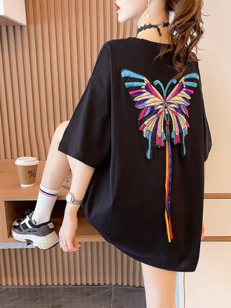 Butterfly Embroidery Personalized Short Sleeve T-shirt Women's Summer Versatile Design Feeling Small and Loose, Be Caref